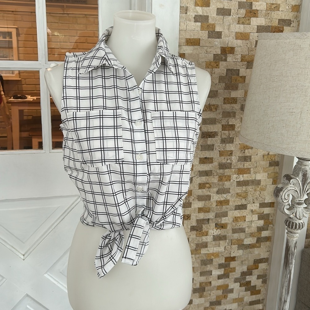 Notations sleeveless button-down checkered print … - image 3